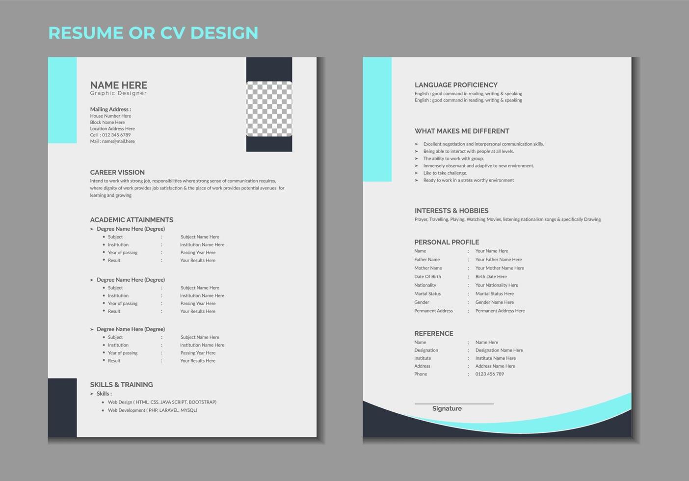 cv creativo profesional de páginas dobles o diseño de plantilla de currículum para una persona creativa sobre fondo blanco vector