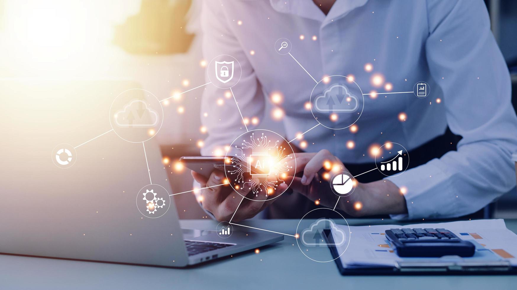 Digital transformation technology strategy, IoT, internet of things. transformation of ideas and the adoption of technology in business in the digital age, enhancing global business capabilities. Ai photo