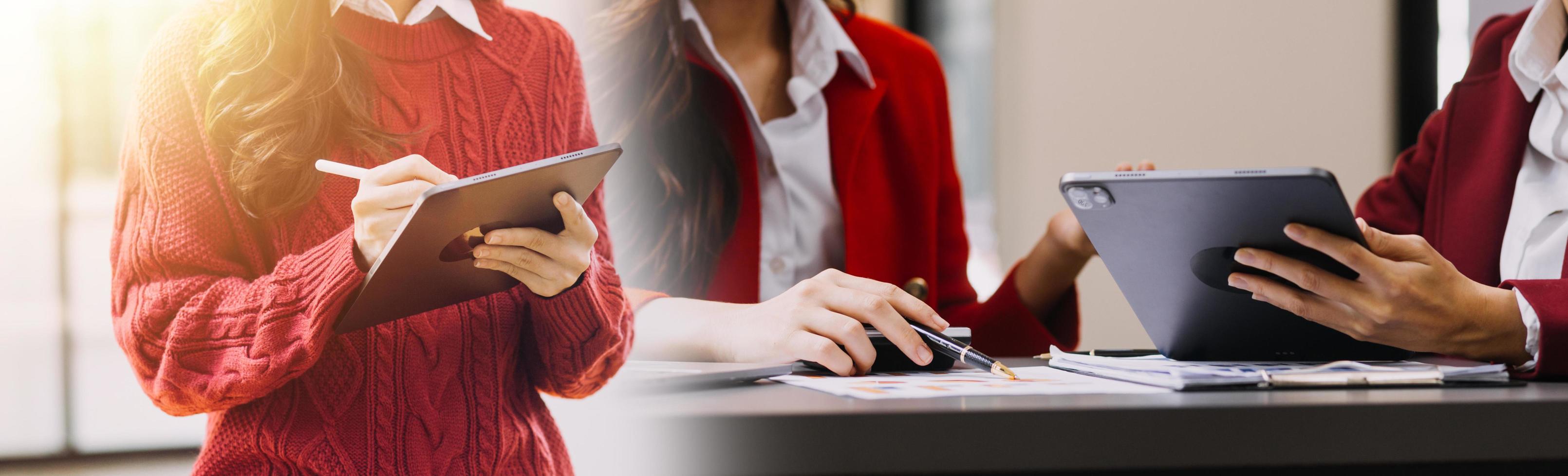 casual businessman Working using mobile phone typing computer mobile chat laptop contact us at workplaces, planning ideas investors internet searching, ideas connecting people. photo