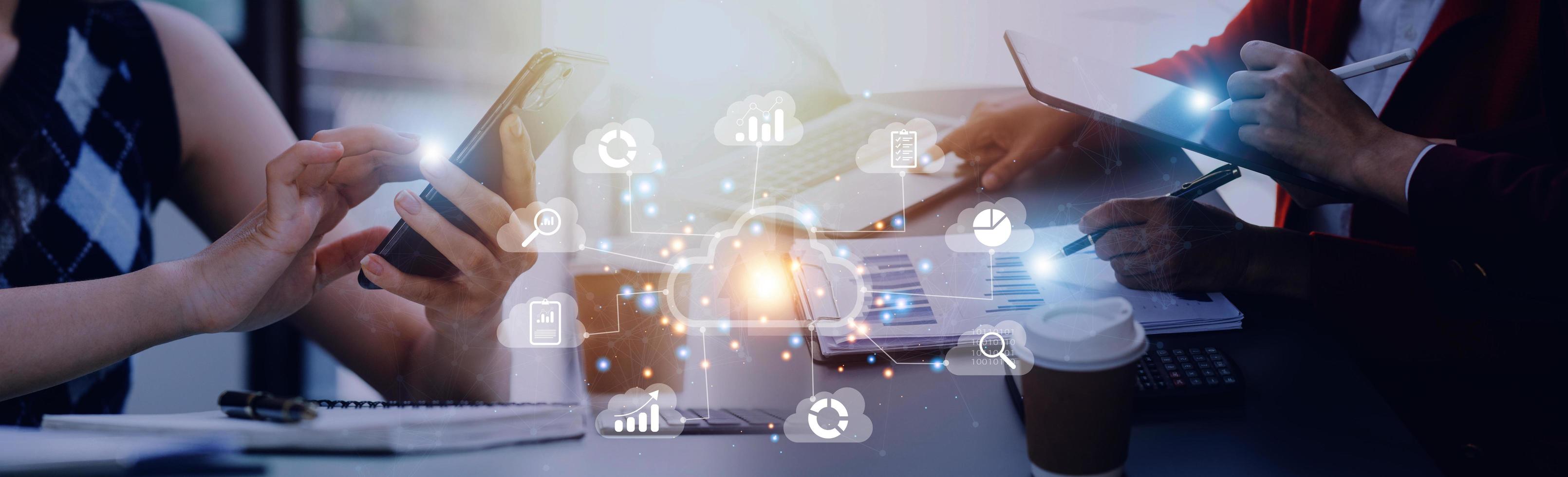 man use Laptop with cloud computing diagram show on hand. Cloud technology. Data storage. Networking and internet service concept. photo