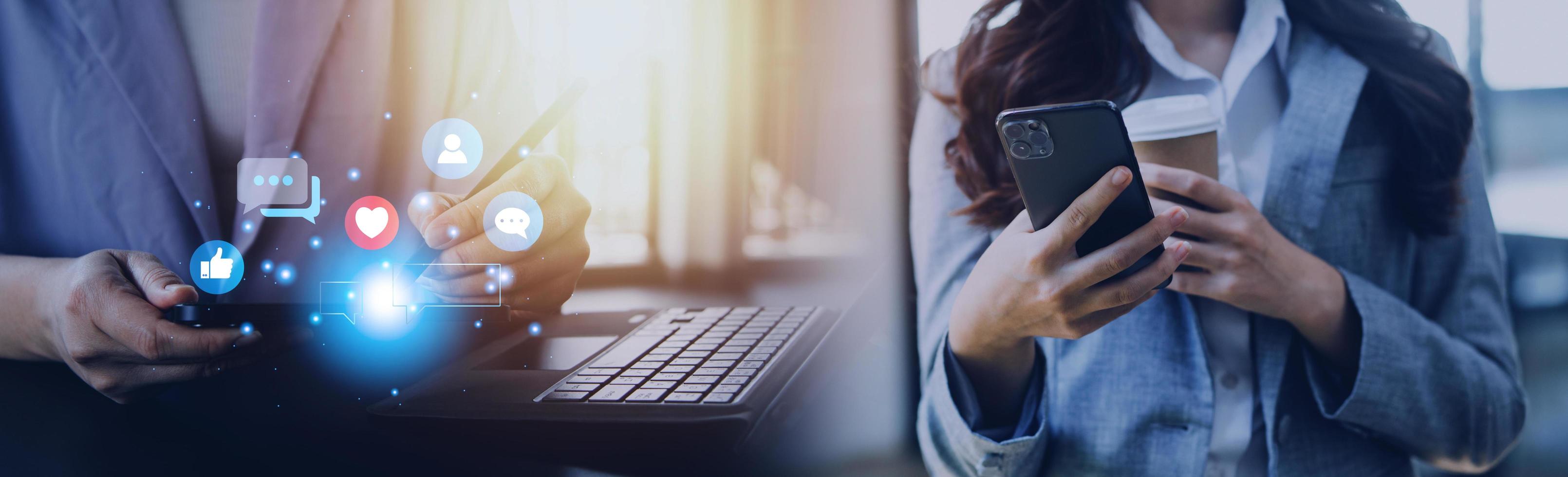 Social media and digital online concept, man using smart phone with Social media. The concept of living on vacation and playing social media. Social Distancing ,Working From Home concept. photo