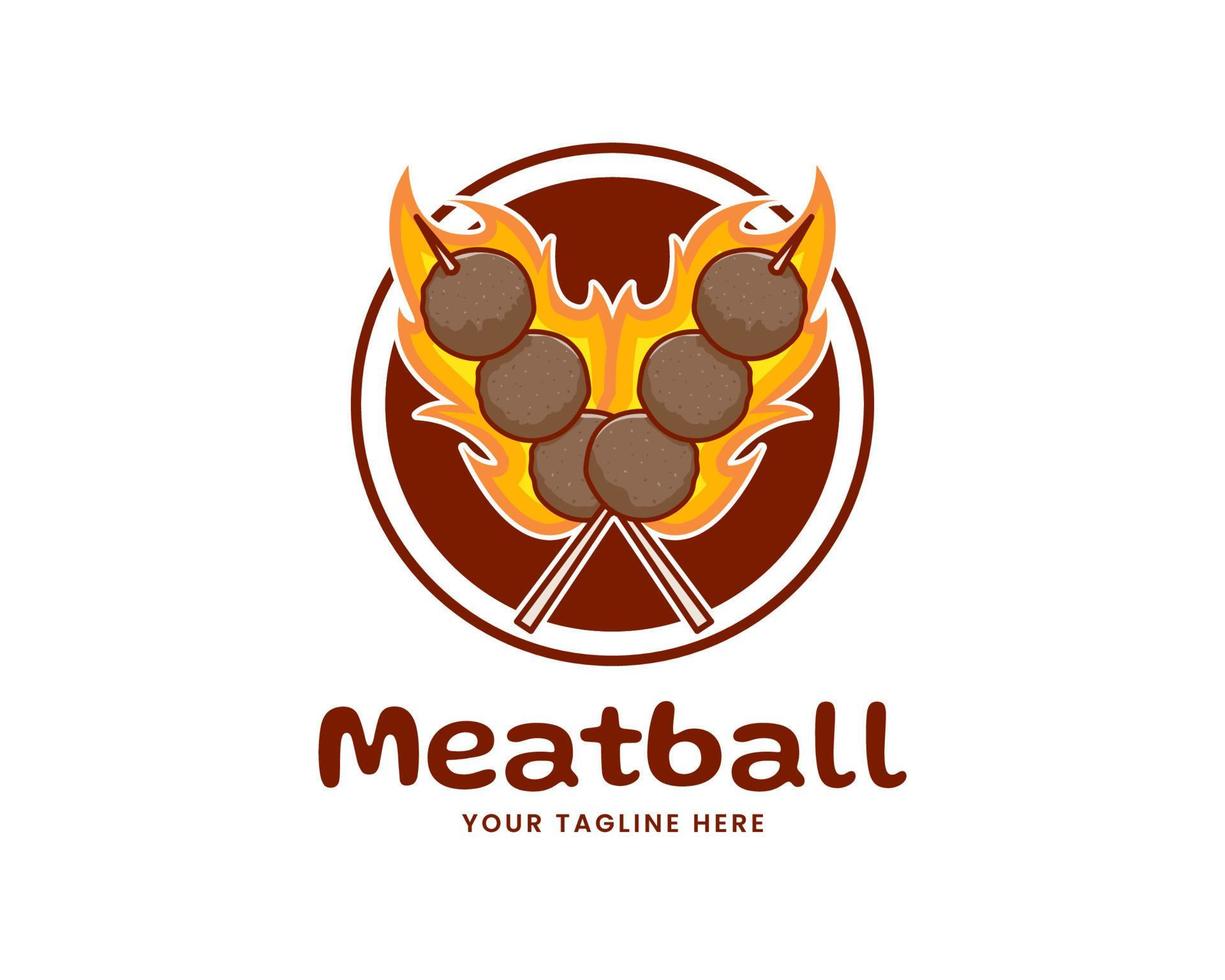 Hot and spicy grilled meatball logo icon with flame fire. Asian traditional street food. Food concept design. Flat cartoon style. Isolated white background. vector art illustration