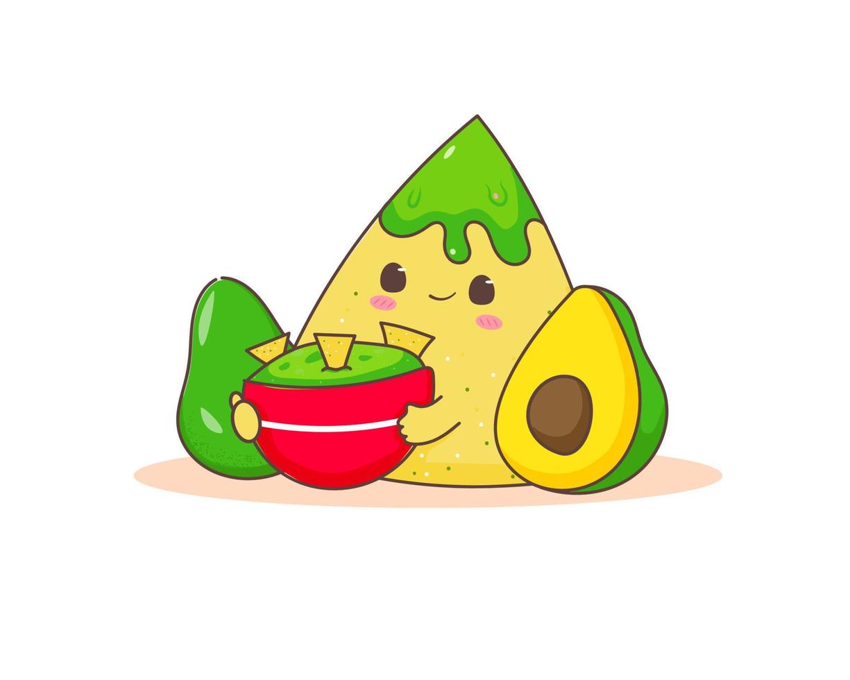 Cute Nachos with a bowl of guacamole sauce, and avocado. Mexican of Latin American traditional street food. Food concept design. Flat cartoon style illustration. Isolated white background. vector