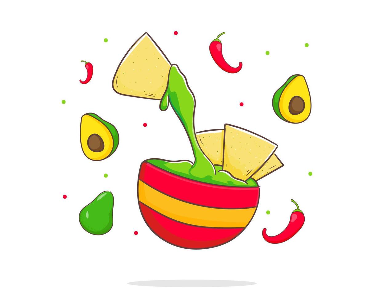 Nachos with a bowl of guacamole sauce, red chili pepper and avocado. Mexican of Latin American traditional street food. Food concept design. Flat cartoon style illustration. Isolated white background. vector