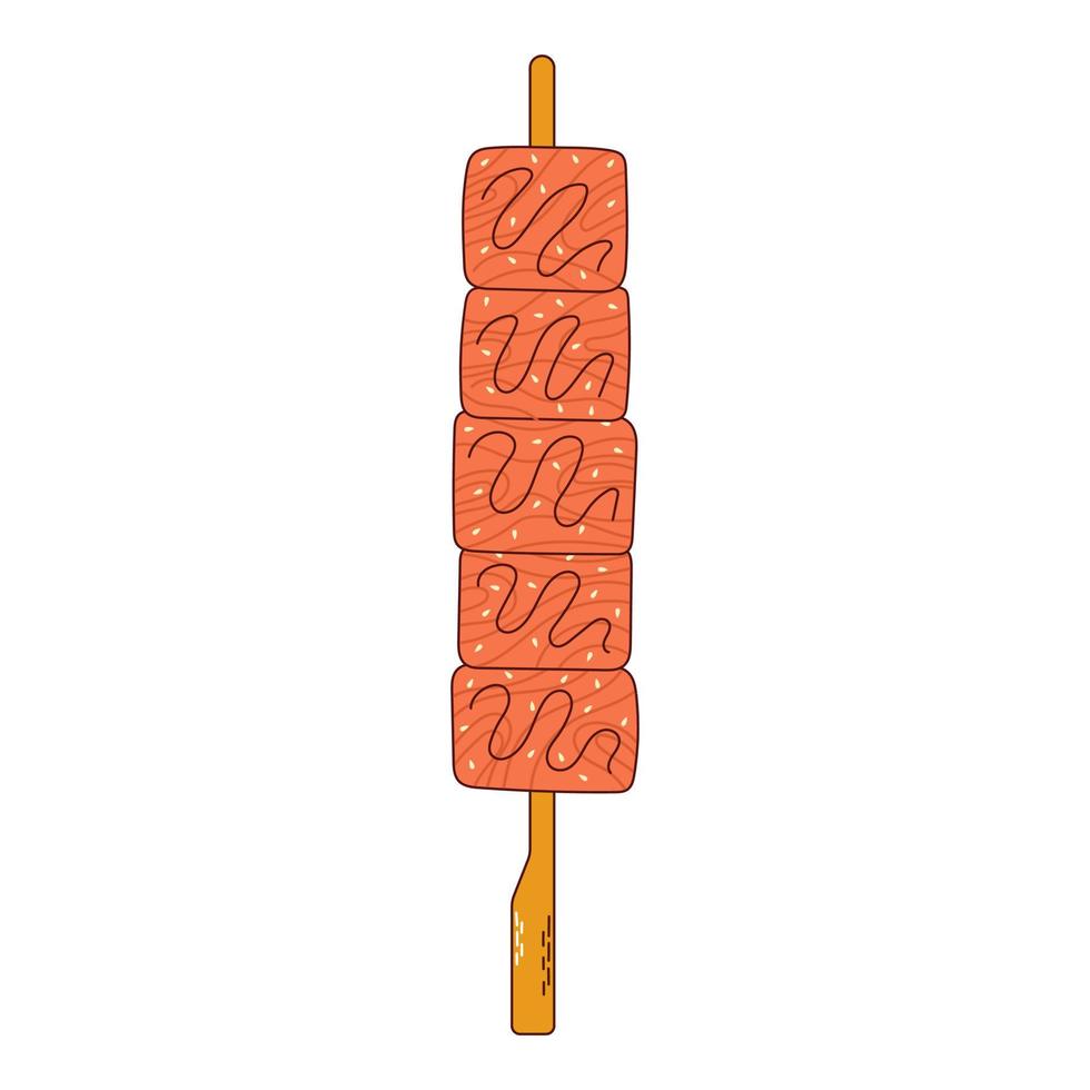 comida tradicional japonesa. brochetas asiáticas de yakitori con rollos de sushi. ilustración vectorial vector