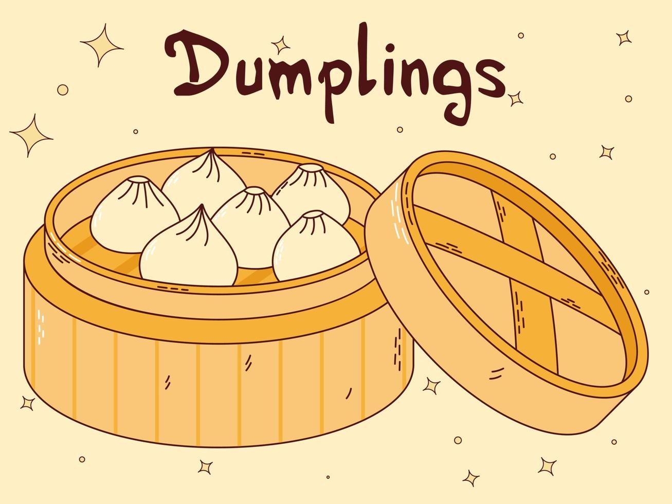 Traditional Japanese food. Asian dumplings in bamboo steamer basket. Vector illistration