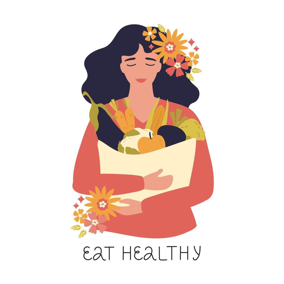 concepto de comida saludable. una mujer sostiene un paquete con frutas y verduras frescas en sus manos. estilo de vida de bienestar inteligente. adecuado para página de destino, tarjeta de presentación de aplicaciones, editorial, volante y banner. vector