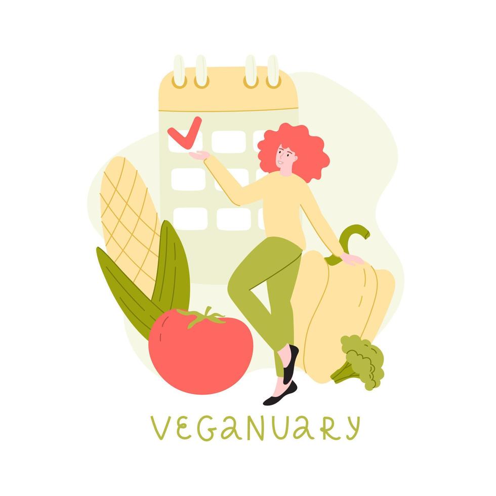ilustración vectorial - vegetariano sobre fondo blanco. verduras, un calendario y una niña que controla su dieta diaria. enero es el mes vegano. vector