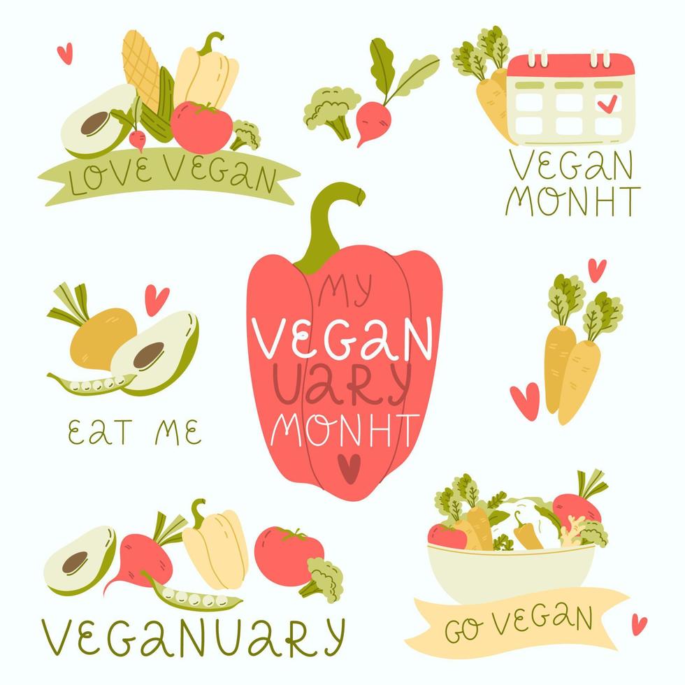 Set of vector illustrations on the theme Veganuary. Reduce your intake of animal products. Changing eating habits to a vegan diet. Editable vector illustration.
