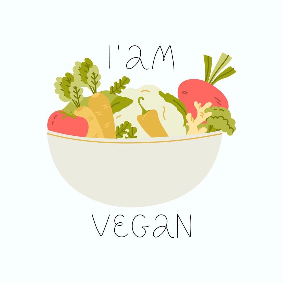 Cuenco de diseño de banner vectorial vegano con verduras frescas. la inscripción es soy vegano. estilo de vida, alimentación adecuada, consumo de productos sin origen animal. vector