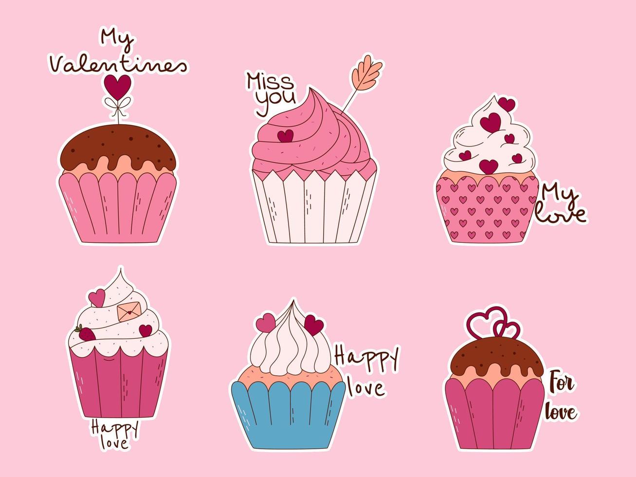 juego de pegatinas dibujadas a mano de cupcakes para el día de san valentín. elementos de diseño para carteles, tarjetas de felicitación, pancartas e invitaciones. vector