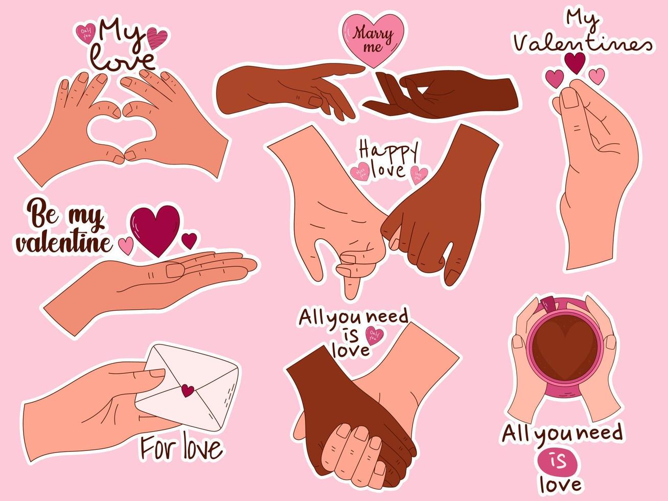conjunto de pegatinas dibujadas a mano de manos en forma de corazones para el día de san valentín. elementos de diseño para carteles, tarjetas de felicitación, pancartas e invitaciones. vector