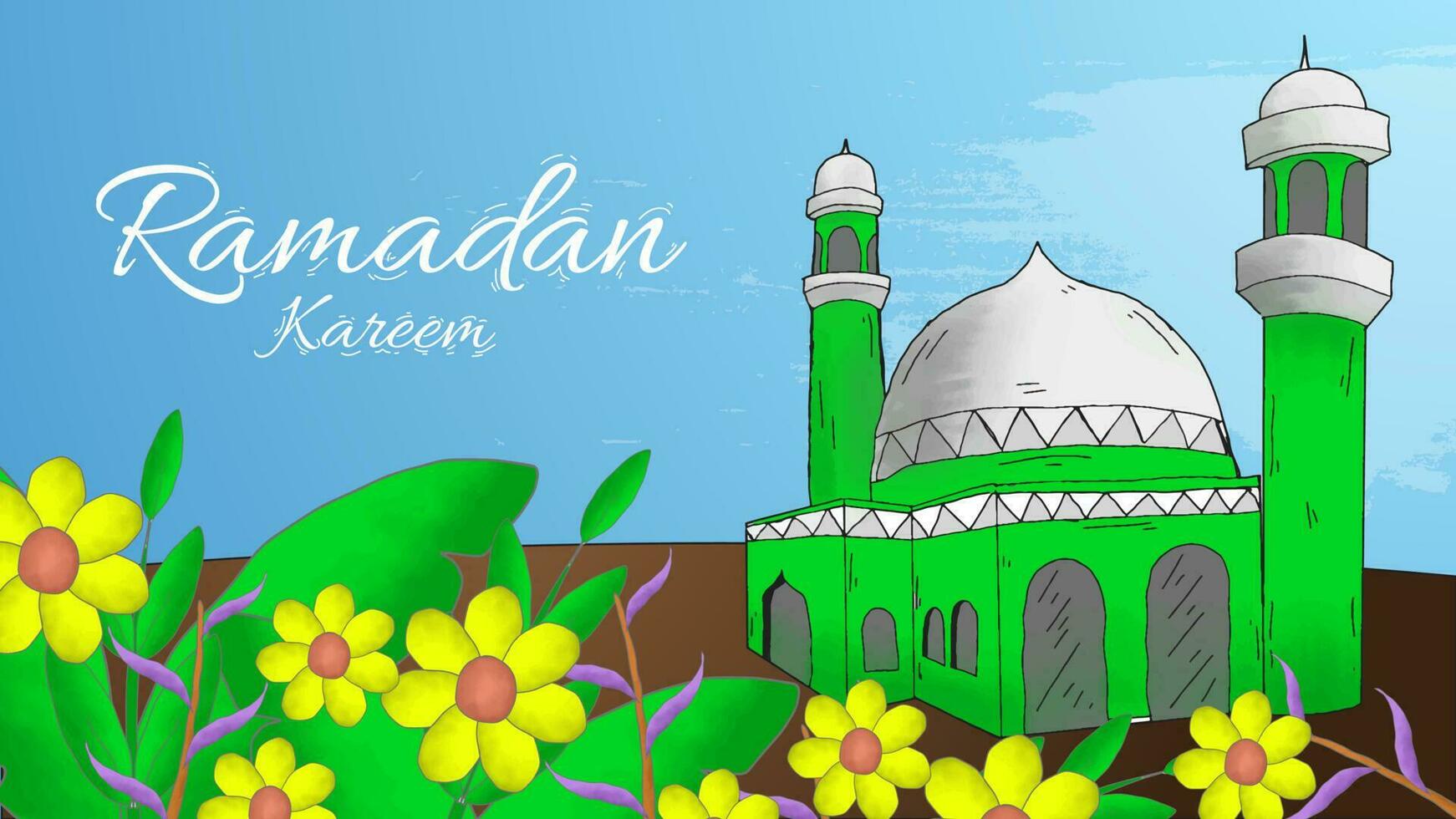 hand drawn ramadan kareem with mosque, flowers and leaves vector