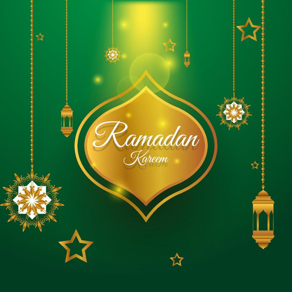 golden ramadan kareem background with lantern and mandala on green background vector