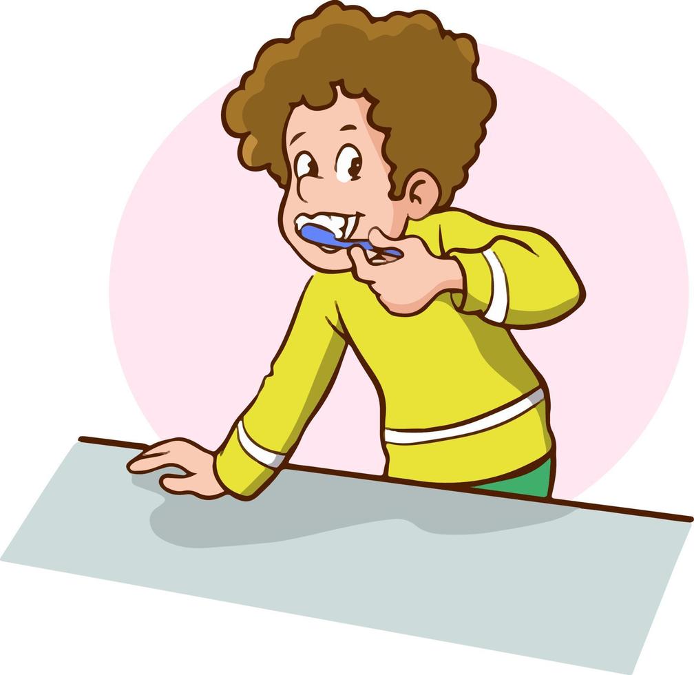 Cute little boy brushing his teeth, kid caring for teeth in bathroom vector Illustration on a white background