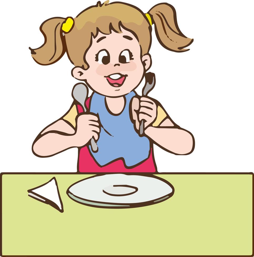 Cute girl holding a spoon and fork with empty white plate on white background.hungry cihld vector