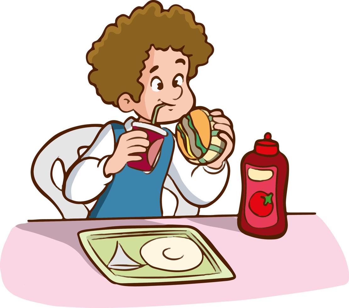 happy cute kid boy eat fast food vector