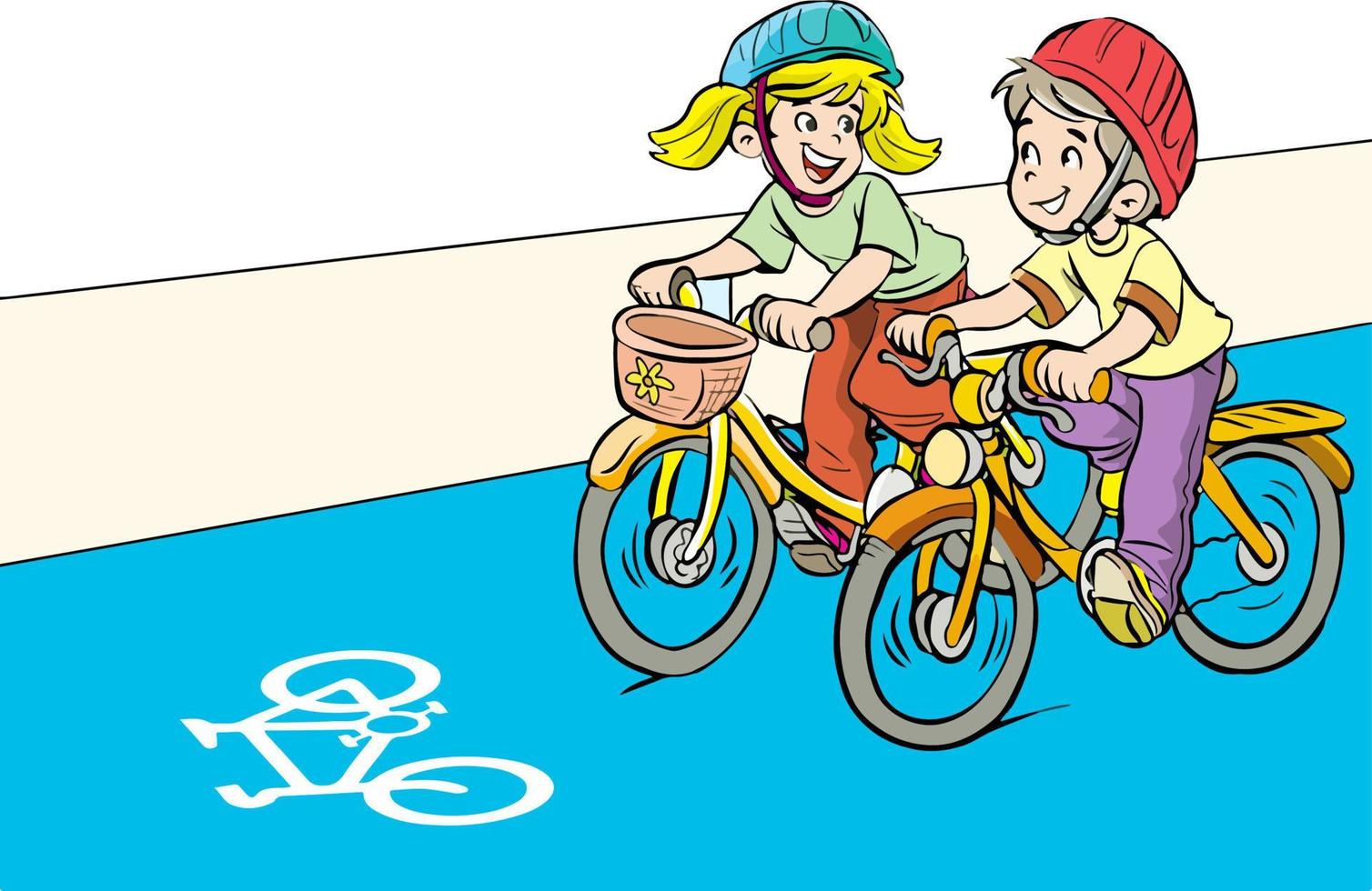 los niños andan en bicicleta en el vector de dibujos animados de carril bici