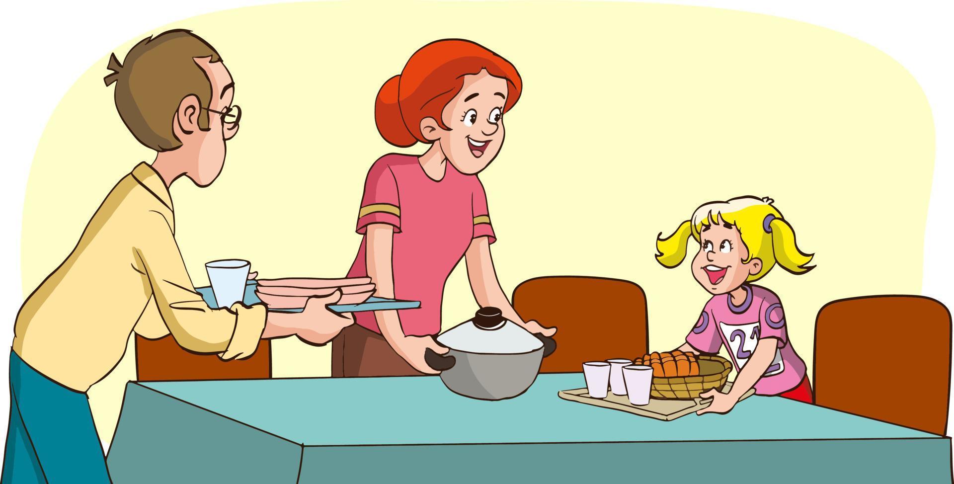 la familia reúne la mesa de la cena juntos vector de dibujos animados
