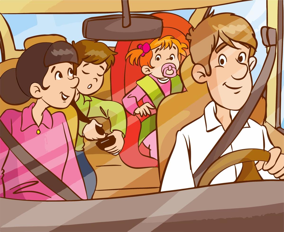 familia que viaja en vector de dibujos animados de coche