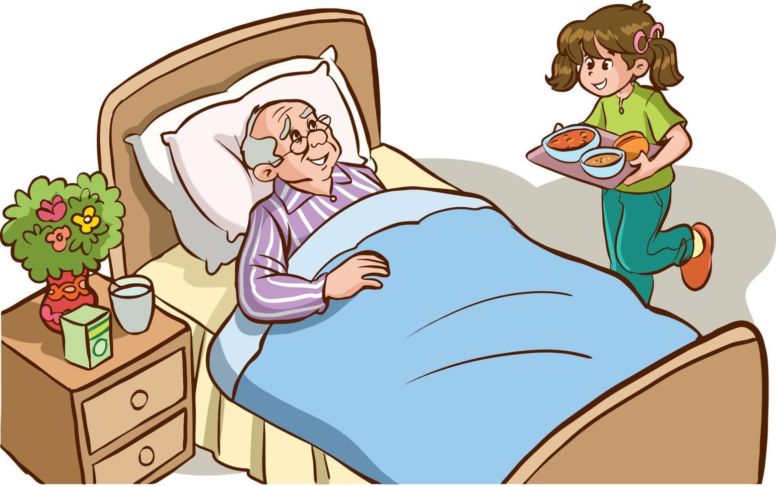 Child visiting grandfather in hospital. grandchild taking food to his sick grandfather cartoon vector