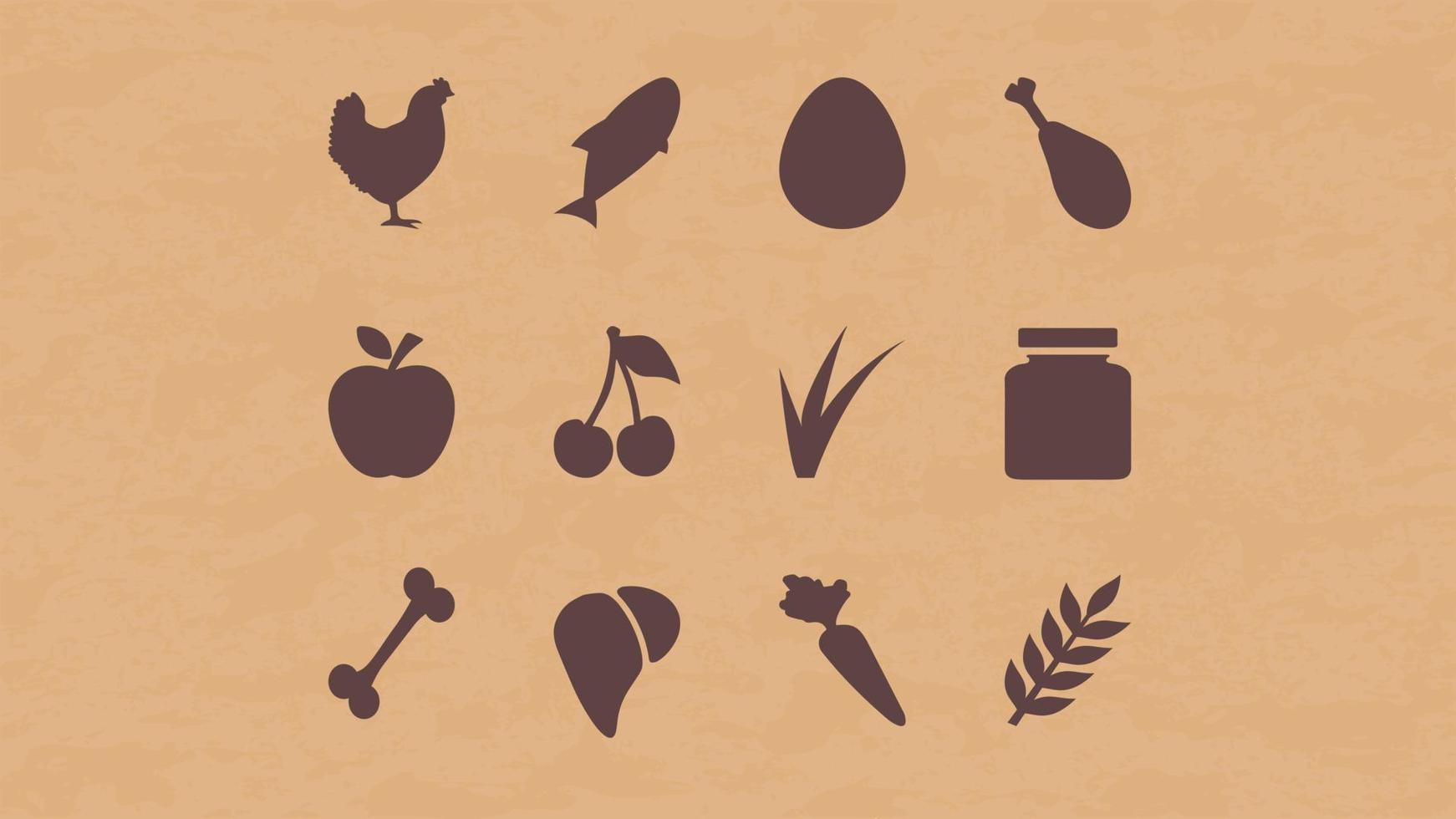 Pet Food Nutrition Ingredients Vector Icon Set with Cardboard Background