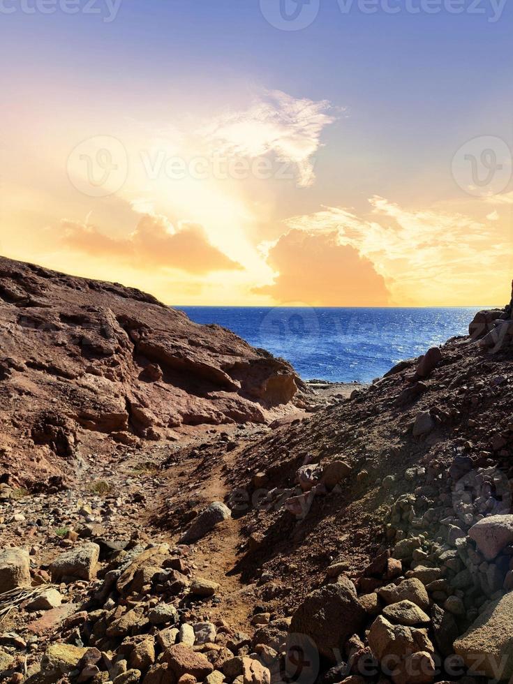 Scenic view of ocean view and mountains at sunset in Sinai, Egypt photo