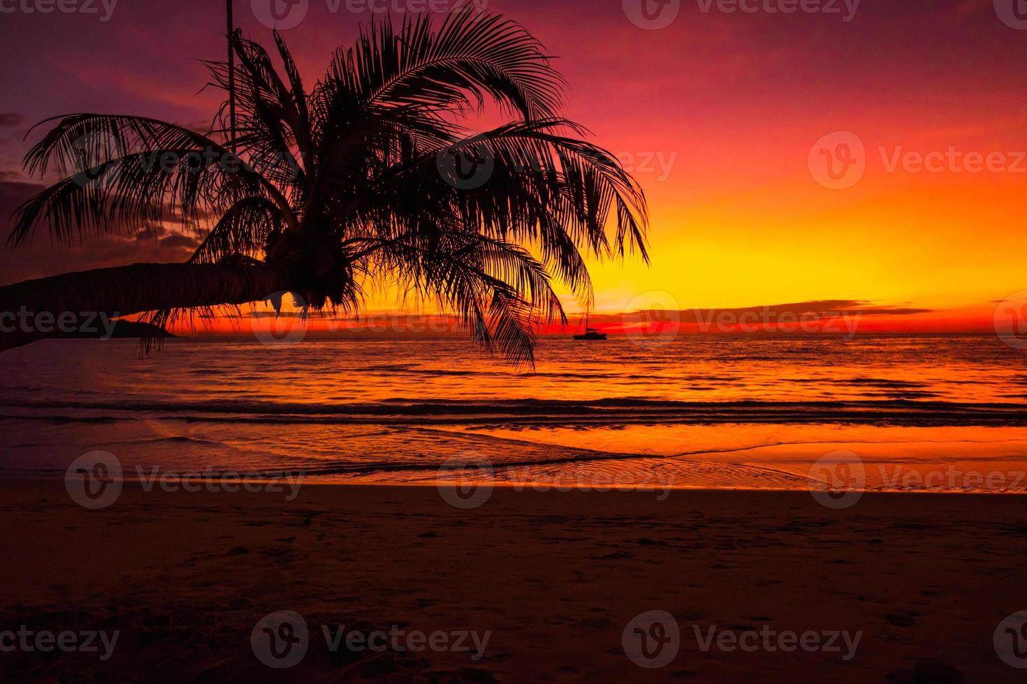 silueta de hermosa puesta de sol en la playa del mar con palmeras para viajar en tiempo de relajación de vacaciones, foto