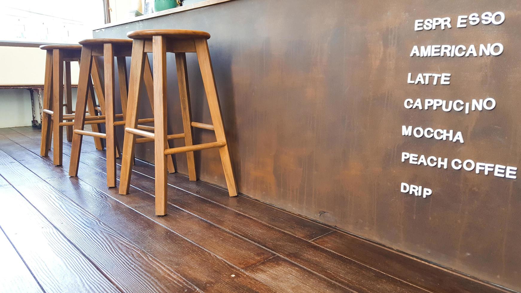 High figure wooden stool and white text list of coffee menu on brown counter wall photo