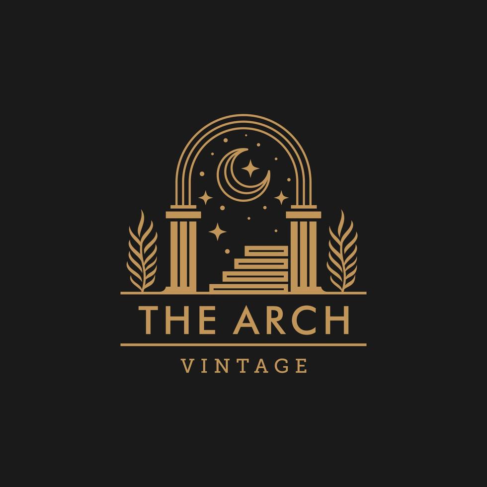 logotipo de la puerta del sol místico, entrada de la arquitectura del arco antiguo e icono de la escalera, con puerta, ventana y palmeras en estilo boho estético contemporáneo vector