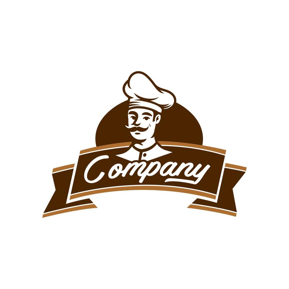 Chef or Restaurant logo design. Chef logo mascot concept. A man with mustache wearing cooking hat classic bakery logo design illustration. vector
