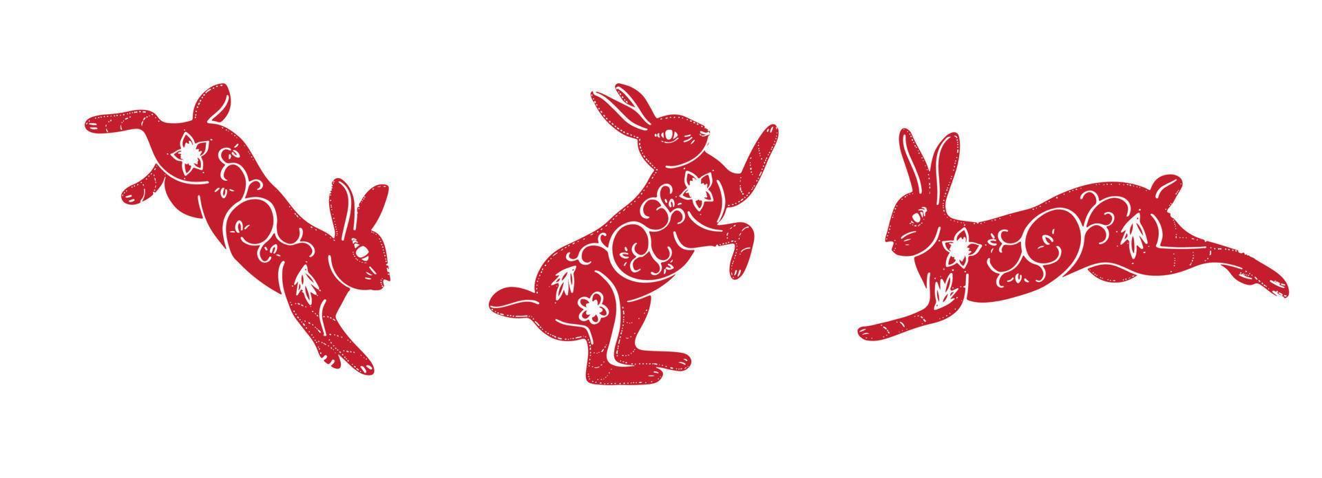 Cute rabbits set. Chinese Lunar new year collection. Traditional papercut Jianzhi elements. vector