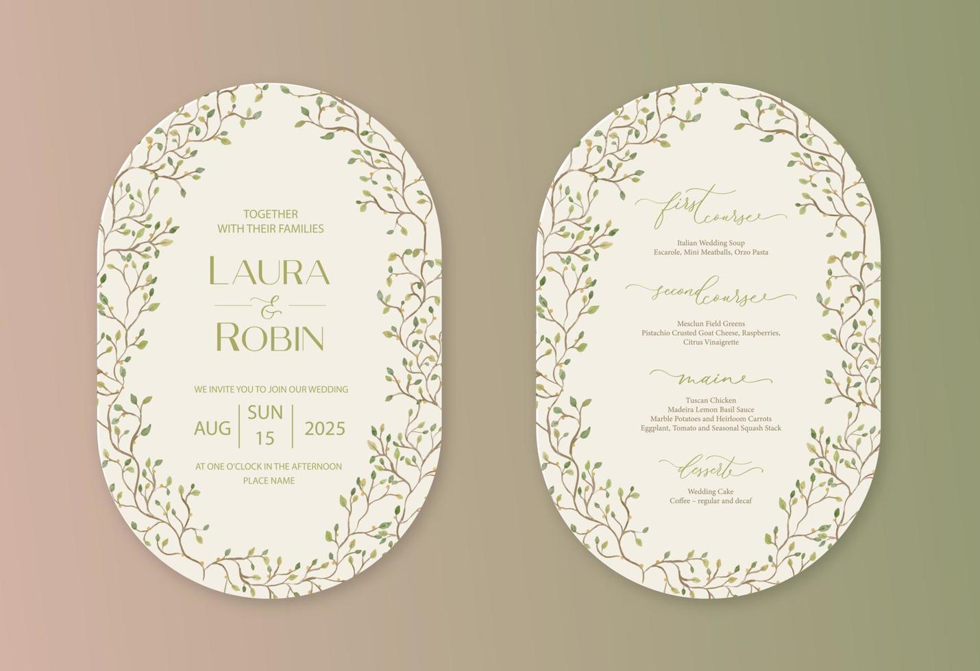 Luxury arch wedding invitation card background with green watercolor botanical leaves. Abstract floral art background vector design for wedding and vip cover template.