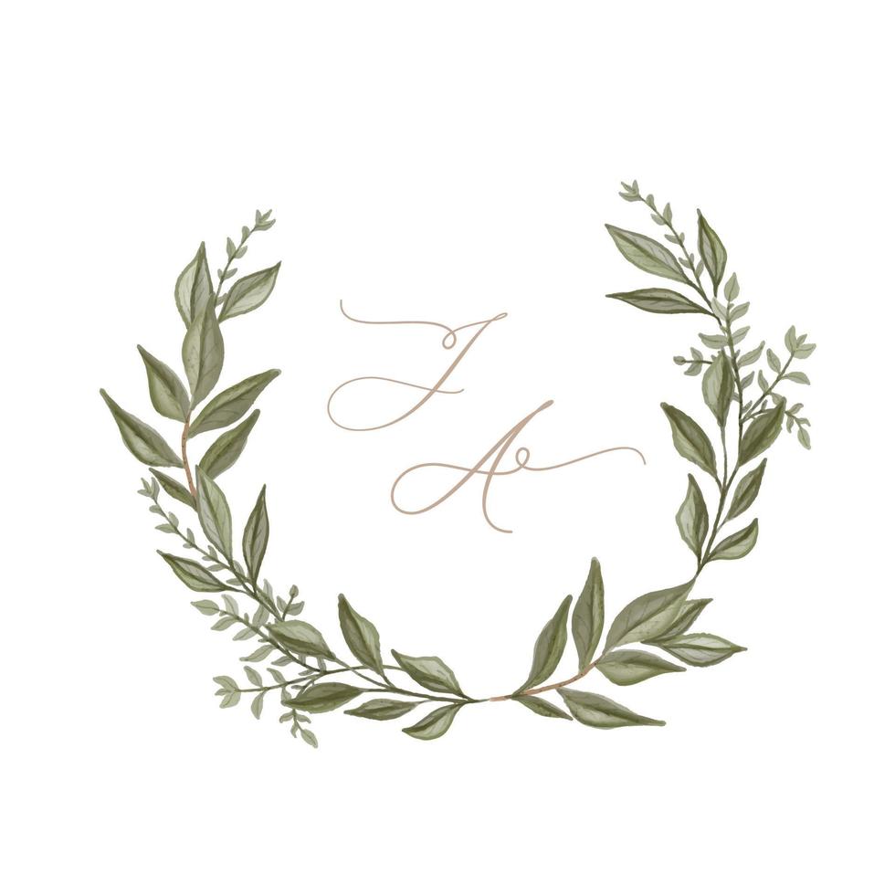 Wedding monogram watercolor leaves JA initial. Watercolor round leaf frame Hand drawn template. vector