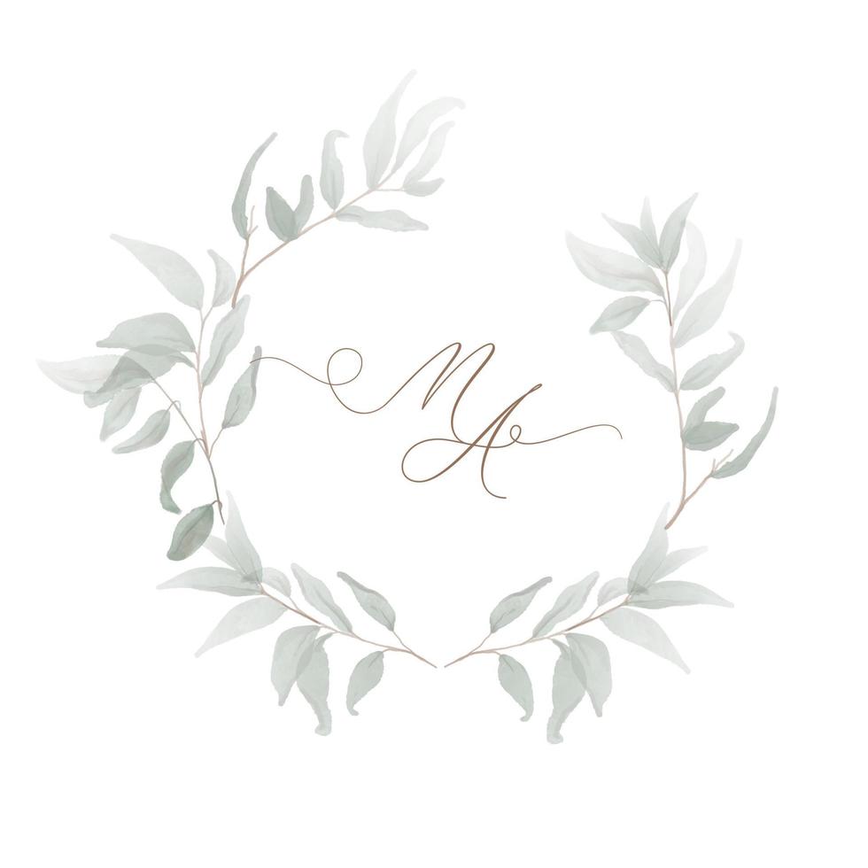 Wedding monogram watercolor leaves MA initial. Watercolor round leaf frame Hand drawn template. vector