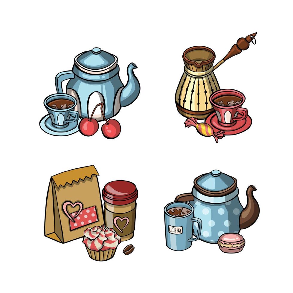 configurado para el menú de cafeína, ilustración de símbolos de café vector