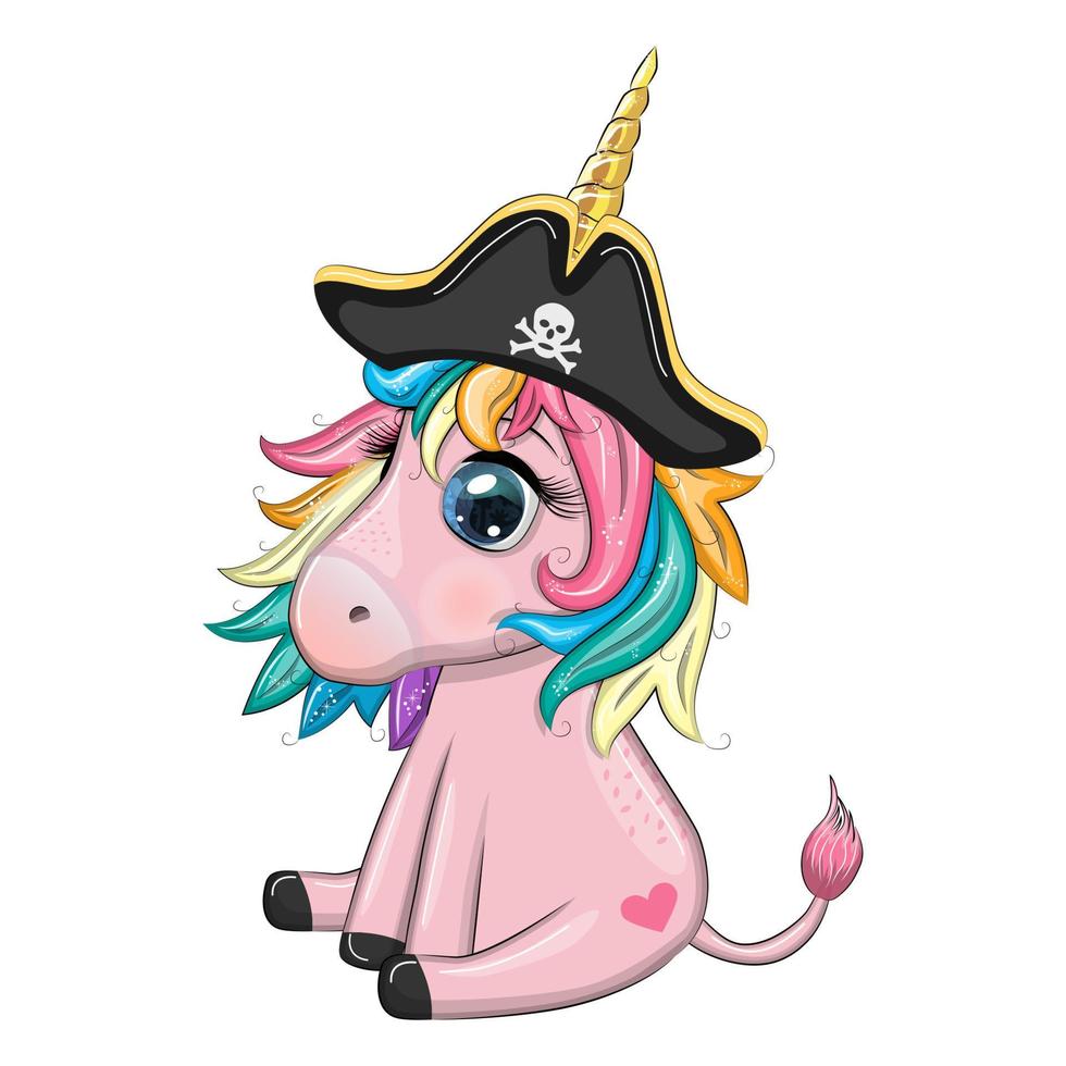 Cute cartoon unicorn wearing a pirate hat and eye patch. Summer, sea, palm, beach vector