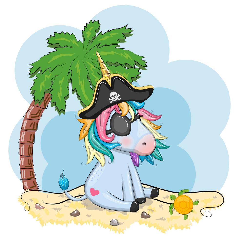 Cute cartoon unicorn wearing a pirate hat and eye patch. Summer, sea, palm, beach vector