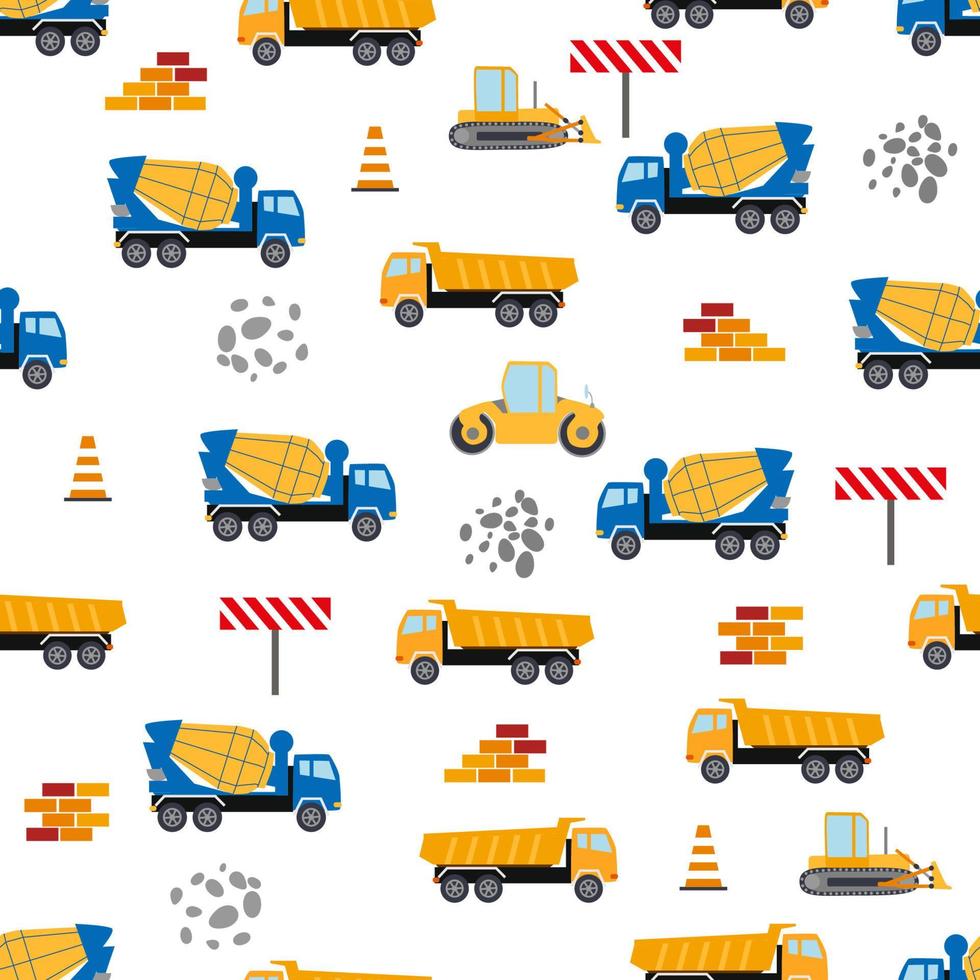 Cute childish seamless pattern with yellow car dump truck, crane, concrete mixer. Construction site illustration in cartoon style vector