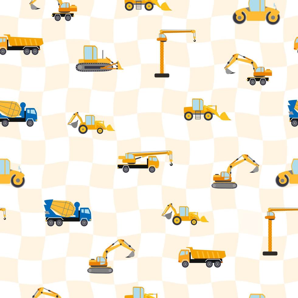 Cute childish seamless pattern with yellow car dump truck, crane, concrete mixer. Construction site illustration in cartoon style vector