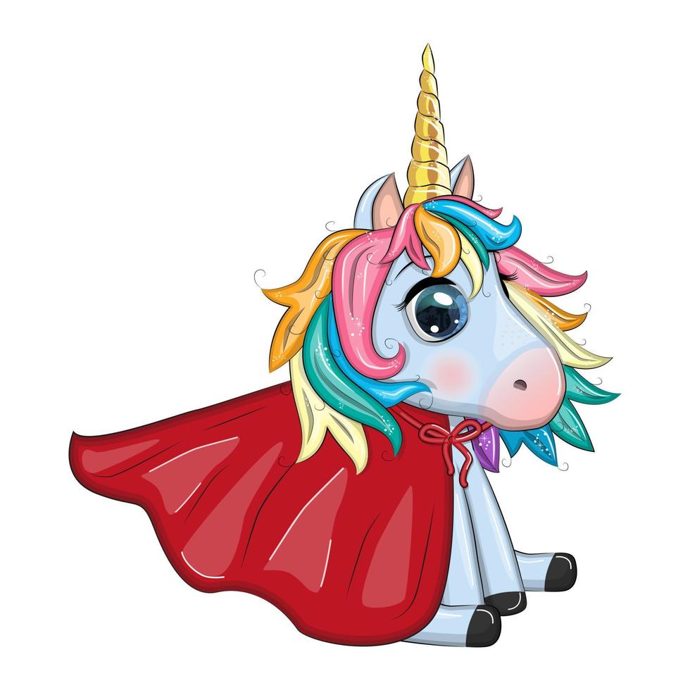 lindo personaje de unicornio con capa como superhéroe. ilustración de diseño de dibujos animados aislado vector