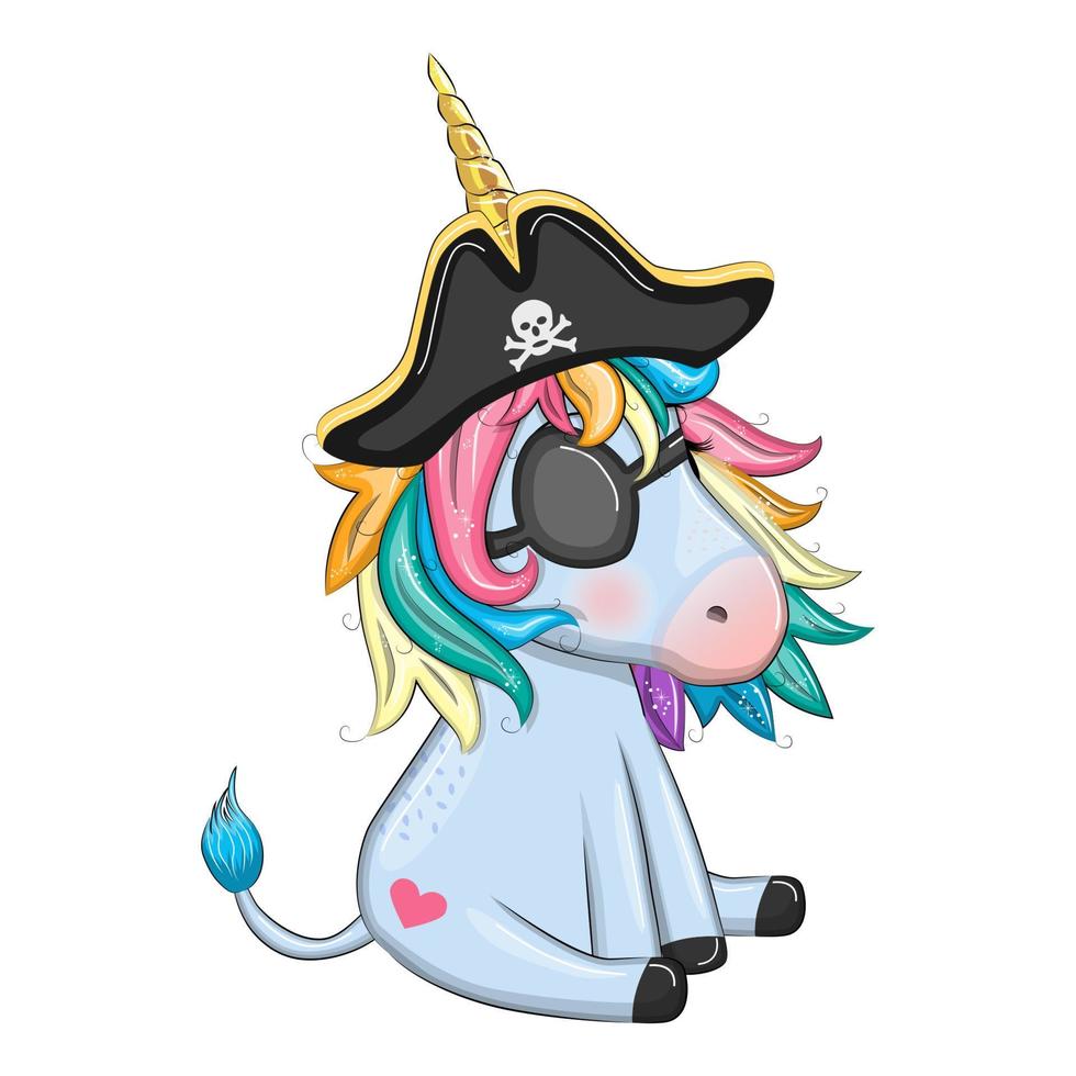 Cute cartoon unicorn wearing a pirate hat and eye patch. Summer, sea, palm, beach vector