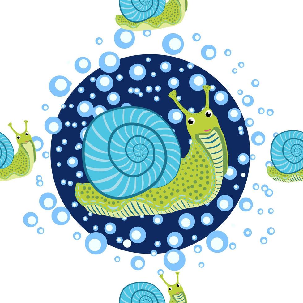 Snail, sea inhabitants seamless pattern, beautiful character among seashells, seaweed, starfish, sea animals of wildlife vector