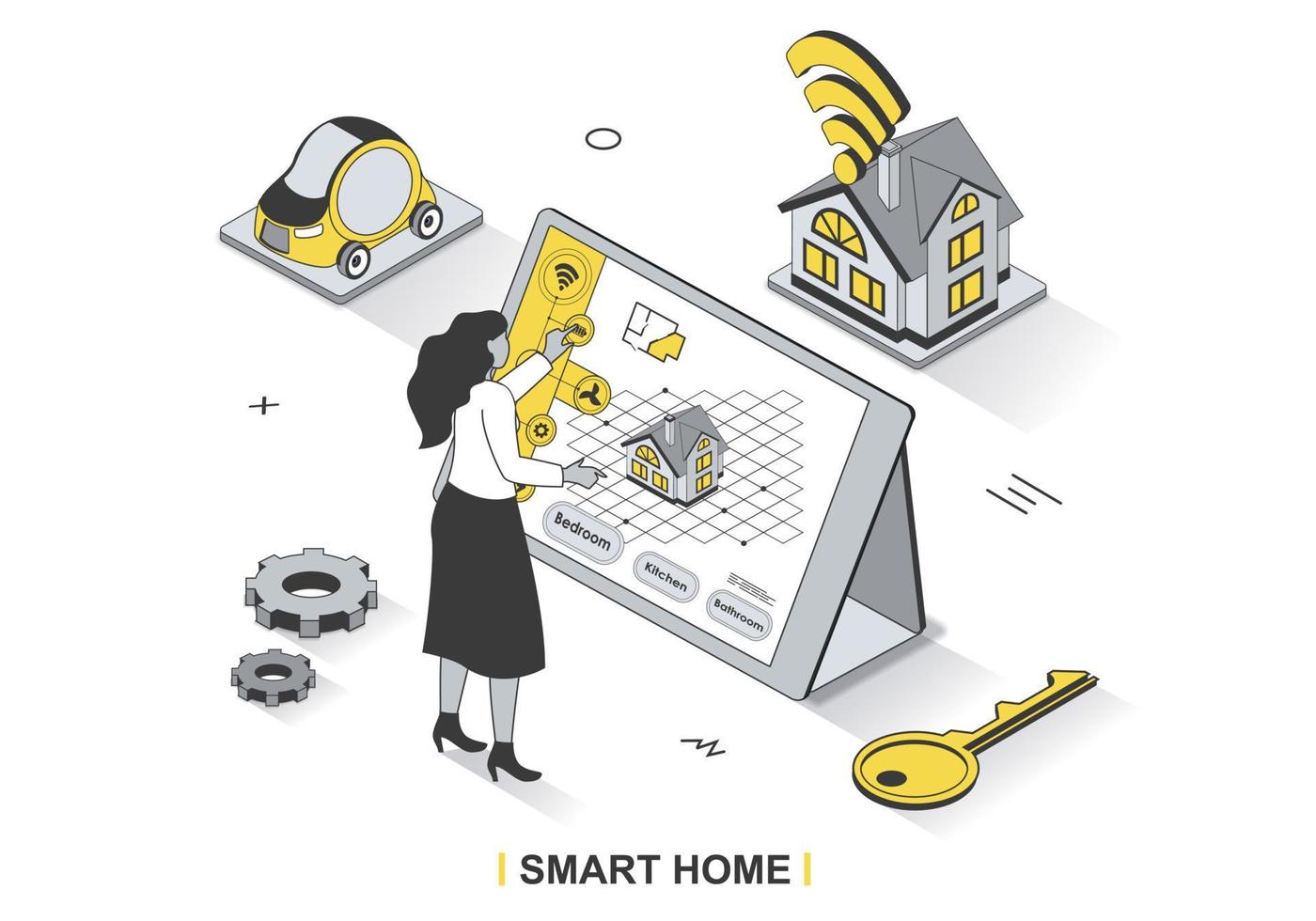 Smart home concept in 3d isometric outline design. Woman controls sensors in house using computer, systems monitoring, security and automation, line web template. Vector illustration with people scene