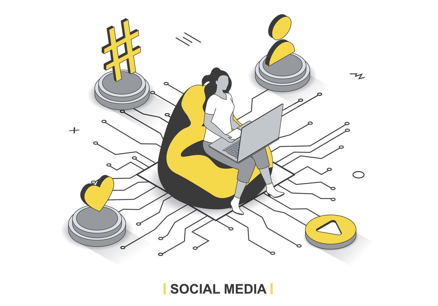 Social media concept in 3d isometric outline design. Woman browses on laptop, creates profile, watches video content, likes and shares posts, line web template. Vector illustration with people scene