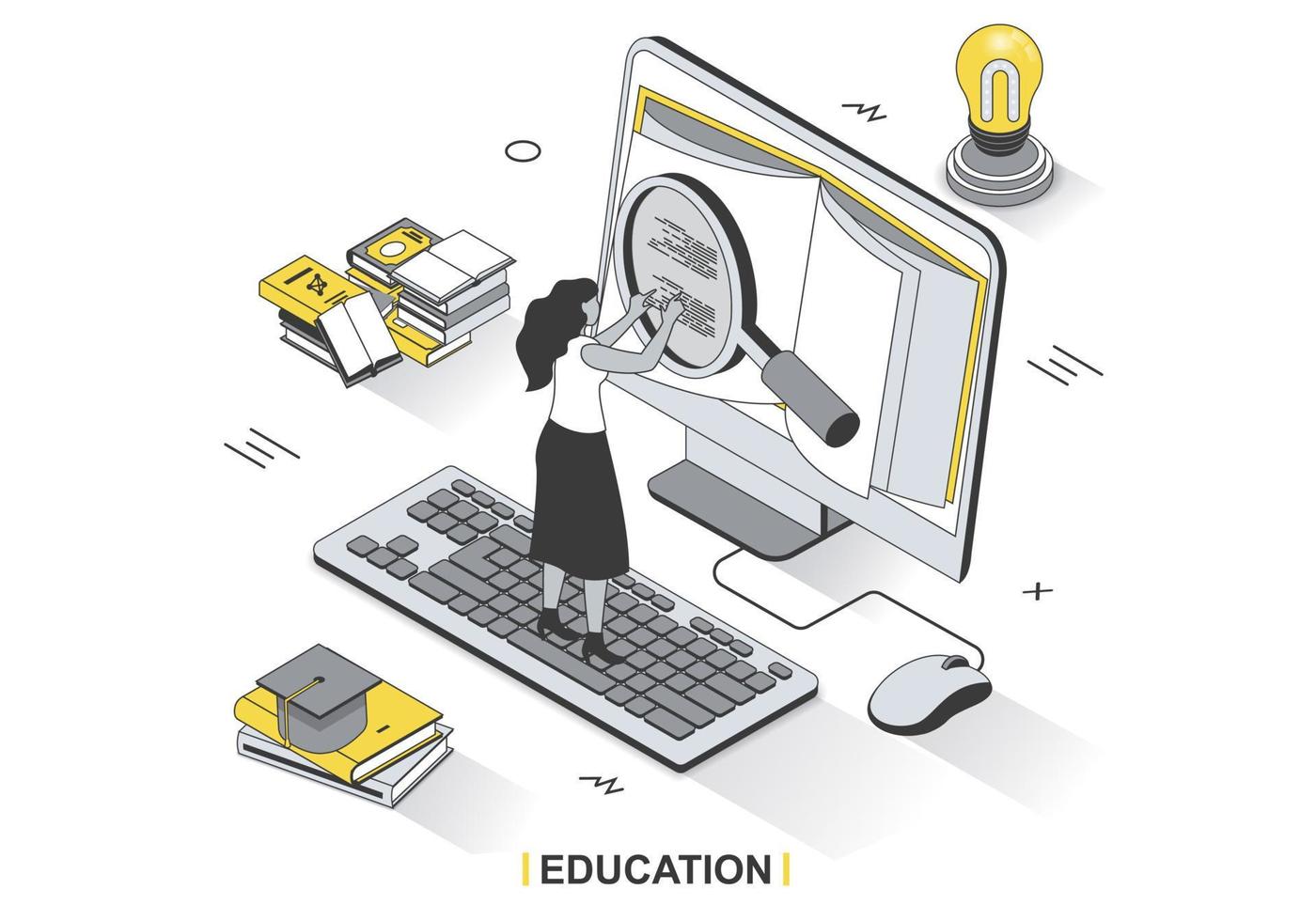 Education concept in 3d isometric outline design. Student learning online, studying textbook on computer, reading book and preparing for exams, line web template. Vector illustration with people scene