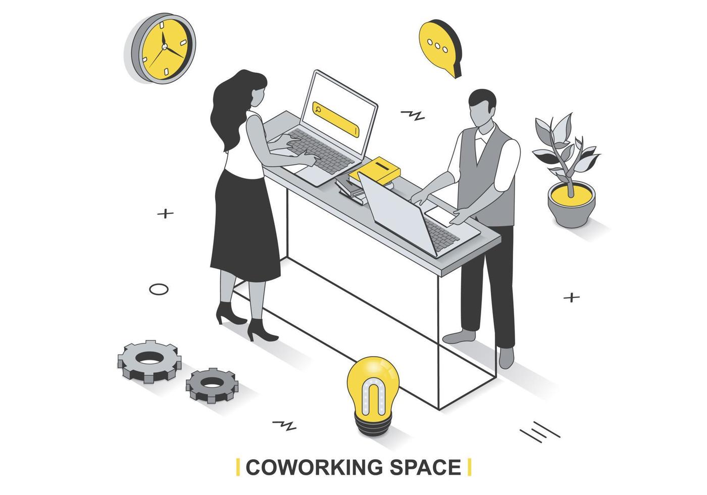 Coworking space concept in 3d isometric outline design. Employees or freelancers working on laptops, brainstorm and business communication, line web template. Vector illustration with people scene