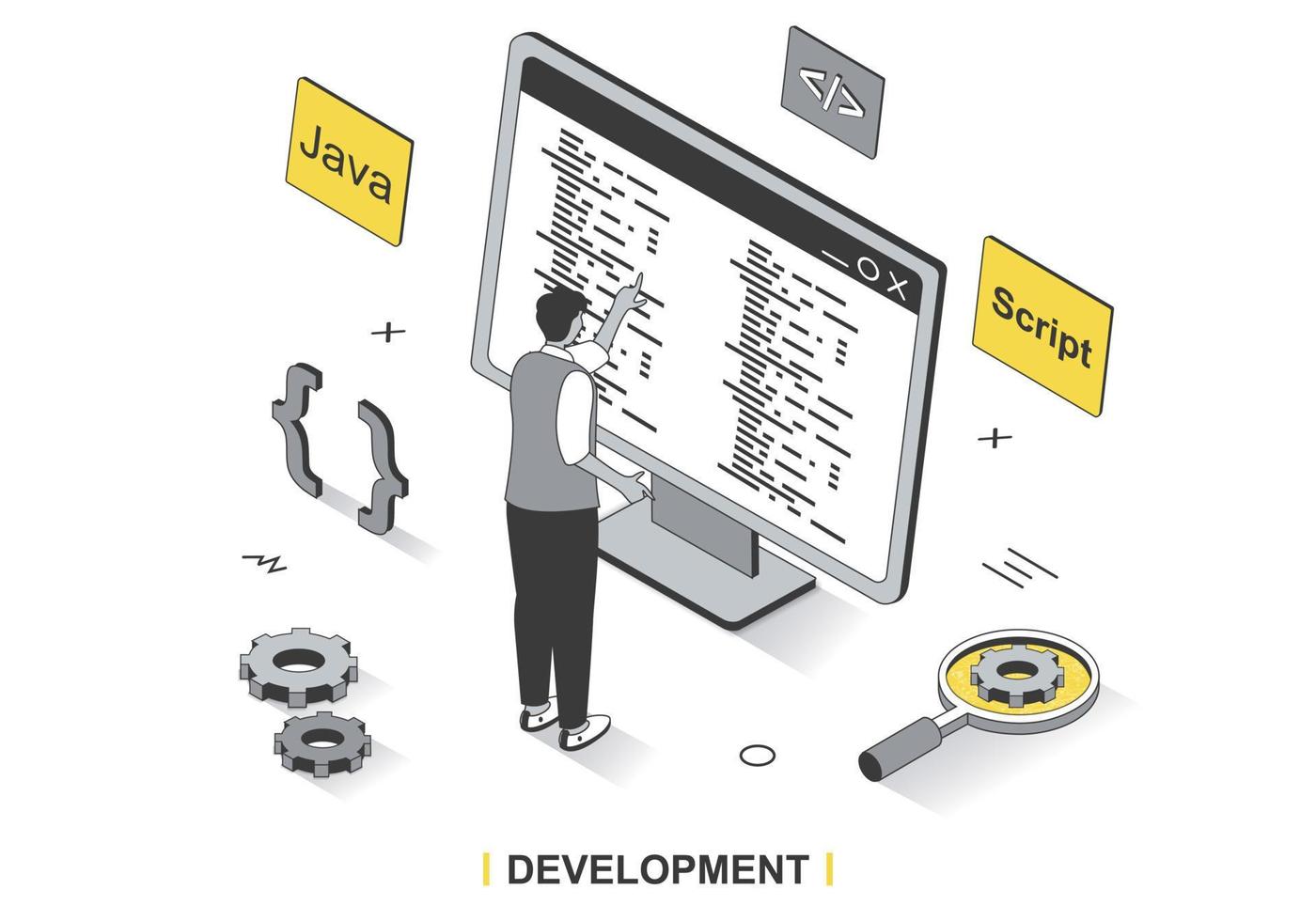 Development concept in 3d isometric outline design. Developer programs and writes code in Java, creates spripts, engineering and optimizes, line web template. Vector illustration with people scene