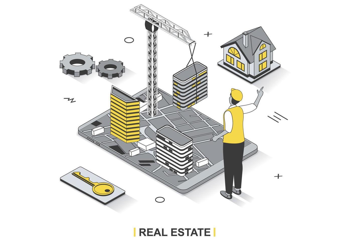 Real estate business concept in 3d isometric outline design. Builder creates skyscrapers and houses for sale and investment, buying property, line web template. Vector illustration with people scene