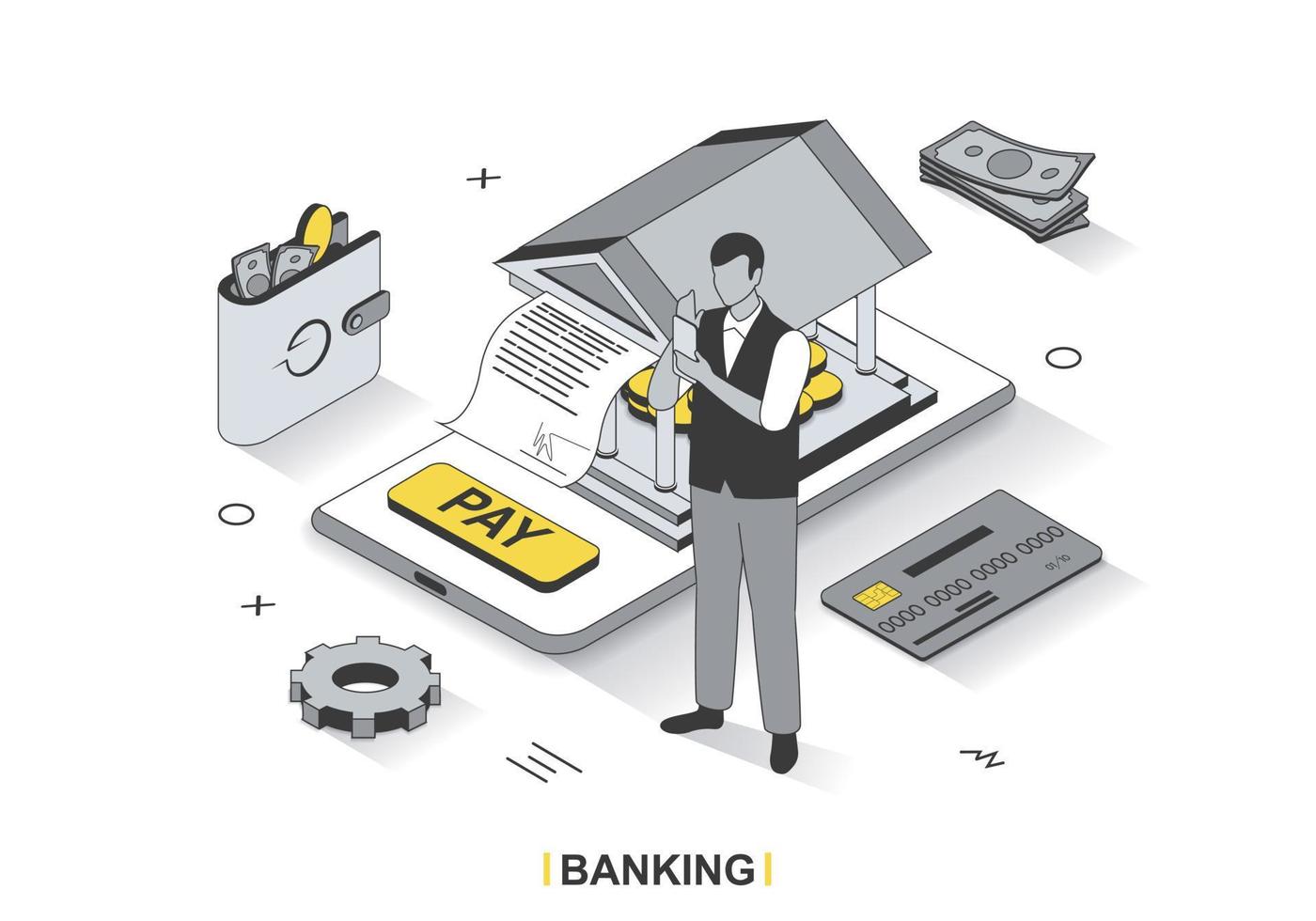 Banking service concept in 3d isometric outline design. Bank client pays invoice, makes financial transactions on account, manages finances line web template. Vector illustration with people scene